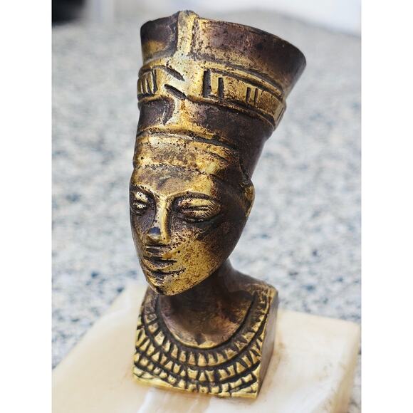 Set of2 Egyptian QUEEN NEFERTITI Bust Brass Sculpture MARBLE BASE 4.25" Tall - Picture 3 of 4